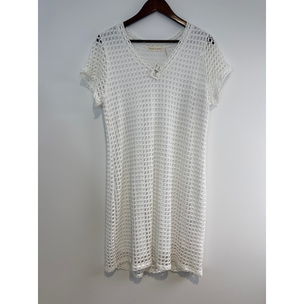 Trouble at the Mill Crochet Mini Dress L White‎ Mesh V-Neck Beach Cruise Resort - Picture 1 of 7